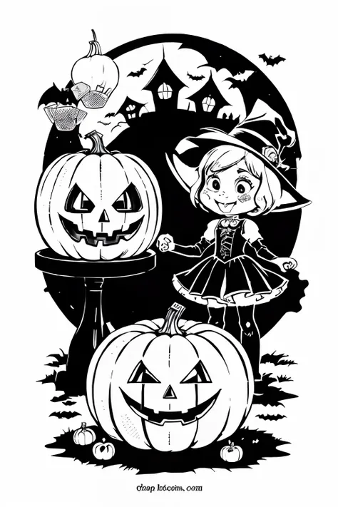 a coloring page with a cartoon character and a pumpkin, lineart inspired by Thomas Nast, reddit, happening, spooky halloween theme, line art colouring page, clean coloring book page, halloween theme, halloween art style, halloween celebration, coloring boo...