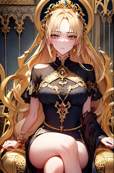 (masterpiece, best quality, extremely detailed:1.3) BREAK 1girl, Mythology Emperor, Mythology Armor, knight armor, wide hips, serious, shaded face, sitting, bare legs, thick thigh, gold throne, luxury palace, gold theme, (shoujo-style), (romance manhwa), K...