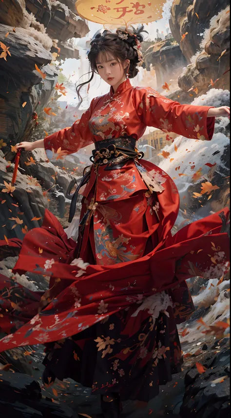 Original Photo, Best Quality, Masterpiece, Super High Resolution, (Realistic: 1.4), anime poster, 1 arm, holding a large long knife in his hands, two arms, Wearing the Clothes of a Kung Fu Master, waves, Traditional Chinese Ink Style, Dragon Slayer Girl, P...