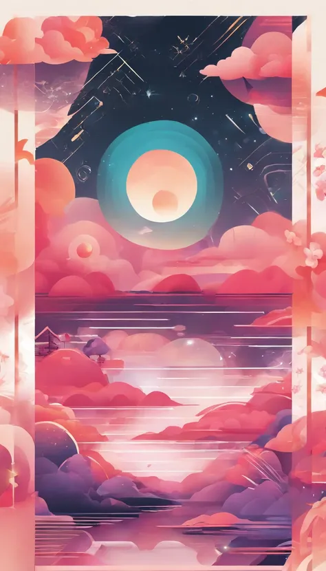 Lunar New Years Day，Chinese landscape, abstract paintings, Zen, Amy Sol style, Cover art with light abstraction, Simple vector art, Contemporary Chinese art, Gradient of color, Soft color palette, layered forms, Whimsical animation, The style is ethereal a...