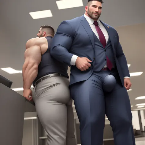 big beefy muscle man in his 40s with big butt and giant crotch bulge in business suit