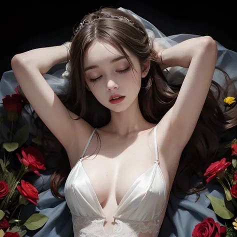 sleeping dead girl,wedding dress,armpit,pale skin,hands behind head,zombie