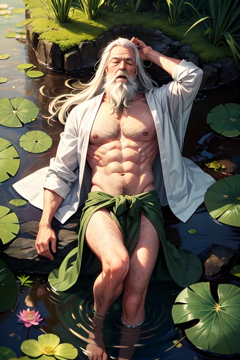 old-aged man, wrinkles,long White hair,Long white beard,..dressed in a loose moss green robe  his shirt was open to reveal his stomach older hairy weak and chest, arms legs neck hands feet skinny old and weak,Lying in the water,water lily,lotus leaf,Closed...