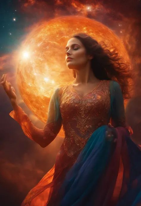 a galaxy big translucent woman holding the sun in her arms, colorful, perfect definition, magnificent capture