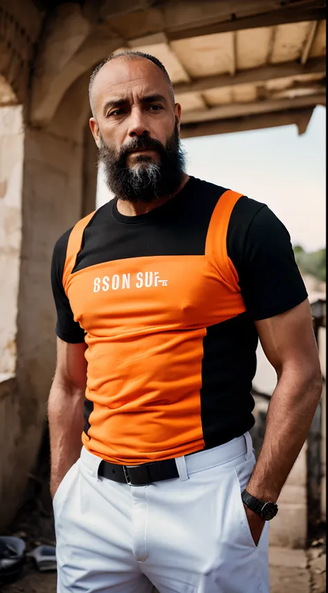 Soon you, 50 ans, chauve, Il porte un gilet de secours orange sur un t-shirt noir, He carries a gun in his hand, of North African origin, grosse barbe, assis sur moto blanche