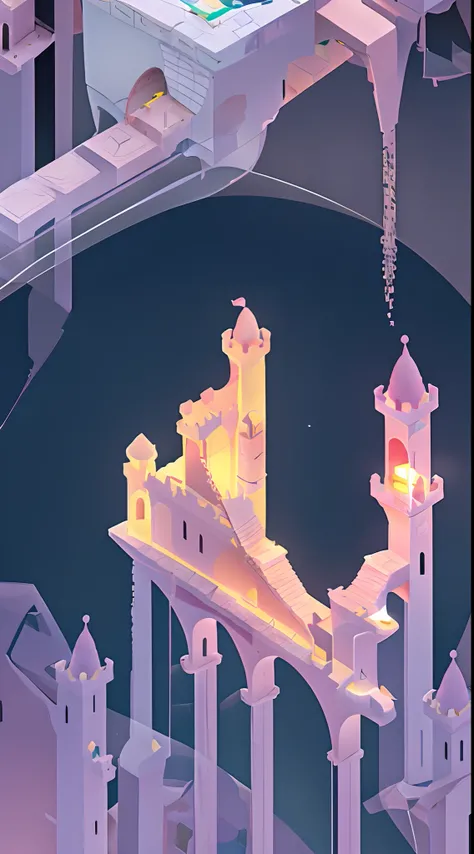 tmasterpiece，monument valley，(Extremely detailed floating city:1.3), ((1 detailed mirage castle floats on it
cloud)and(Detailed buoy spire illusion, Detailed floating clock tower
fantasy)and(Highly transparent mirage)and(Detailed view of the base
Mirage Ca...