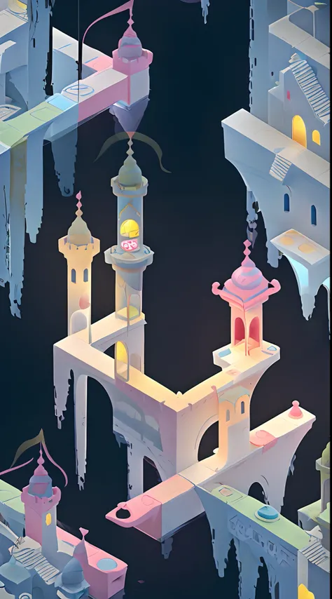 tmasterpiece，monument valley，(Extremely detailed floating city:1.3), ((1 detailed mirage castle floats on it
cloud)and(Detailed buoy spire illusion, Detailed floating clock tower
fantasy)and(Highly transparent mirage)and(Detailed view of the base
Mirage Ca...