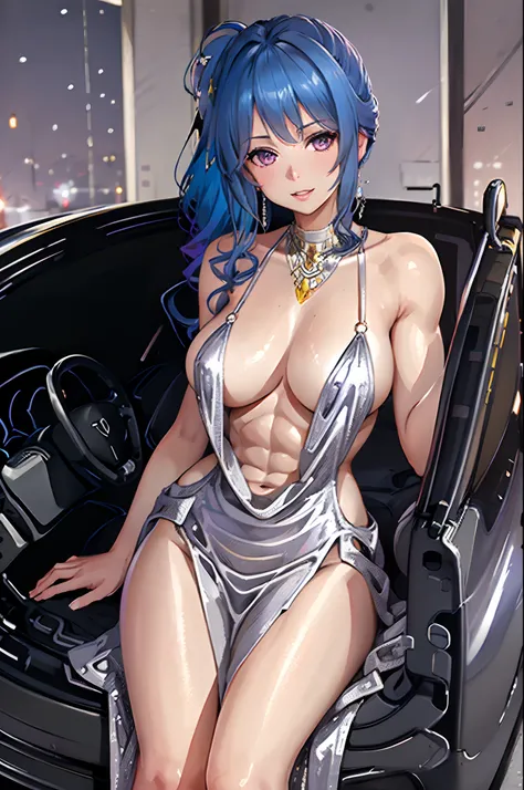 best quality, masterpiece, solo, {st louis_azurlane:1.15}, blue hair, bangs, sidelocks, breasts, large breasts, side ponytail, blush, long hair, cleavage, purple eyes, hair ornament, smile, hair between eyes, jewelry, pink eyes, 1girl, backless dress, back...