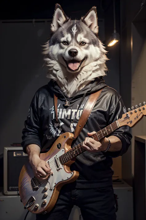 Cartoons of guitarists、Anthropomorphic Siberian Husky Dog（Holding a cigarette）