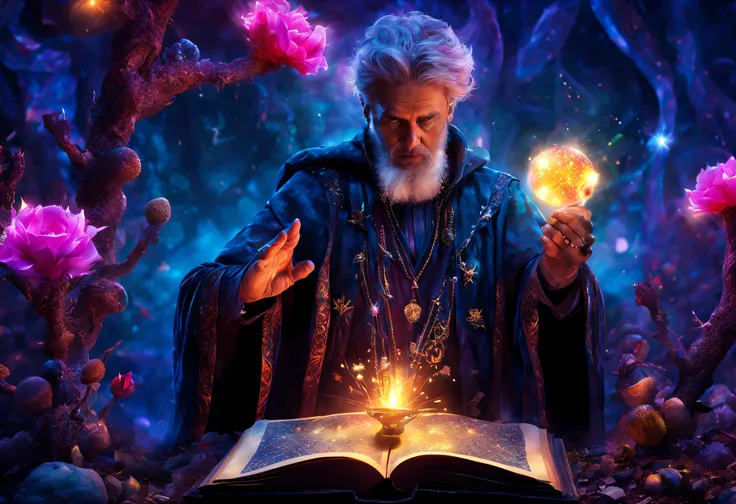 best quality, 4k, 8k, high resolution, masterpiece: 1.2), ultra detailed, (realistic, photorealistic, photorealistic: 1.37), (a sorcerer magician with a mystical prickly pear, in the middle of a magical ritual: 1.42), with his magic book and a crystal staf...