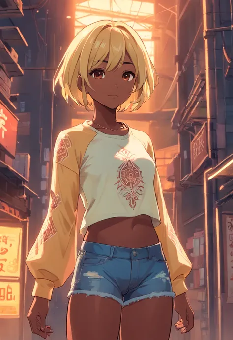 Dark skinned Amazonian adult female with blonde bob haircut, muscular, covered in tribal tattoos, wearing cropped long sleeve shirt, wearing short shorts, relaxing,