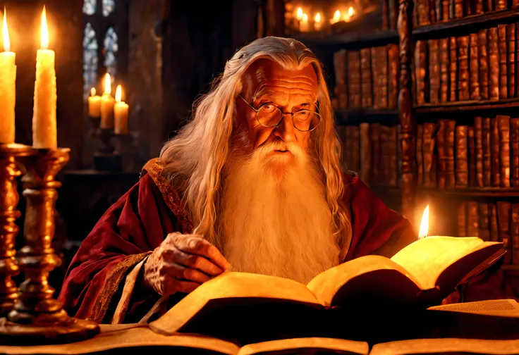 best quality, 4k, 8k, high resolution, masterpiece: 1.2), ultra detailed, (realistic, photorealistic, photorealistic: 1.37). A wise old wizard reading an ancient tome by candlelight in an ancient library. Tolkien-style magical atmosphere.