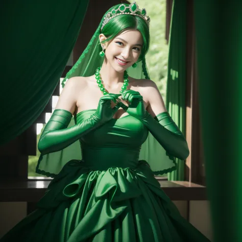 emerald tiara, Green Pearl Necklace, Boyish very short black hair, lipsticks, Japan woman smiling, very short short hair, big breasts beautiful, Green eyes, Long green gloves made of satin material, Green eyes, Emerald Earrings, green vale, Heart with both...