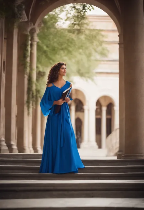 princes graduation in campus with blue dress. the hair is curli and use toga