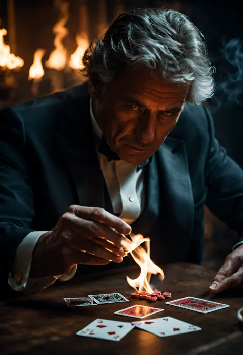 The magician skillfully manipulates the deck of cards, card on fire, smoke rising, cinematic shot + dynamic composition, incredibly detailed, sharpen, details + intricate detail + professional lighting, film lighting + 35mm + anamorphic + lightroom + cinem...