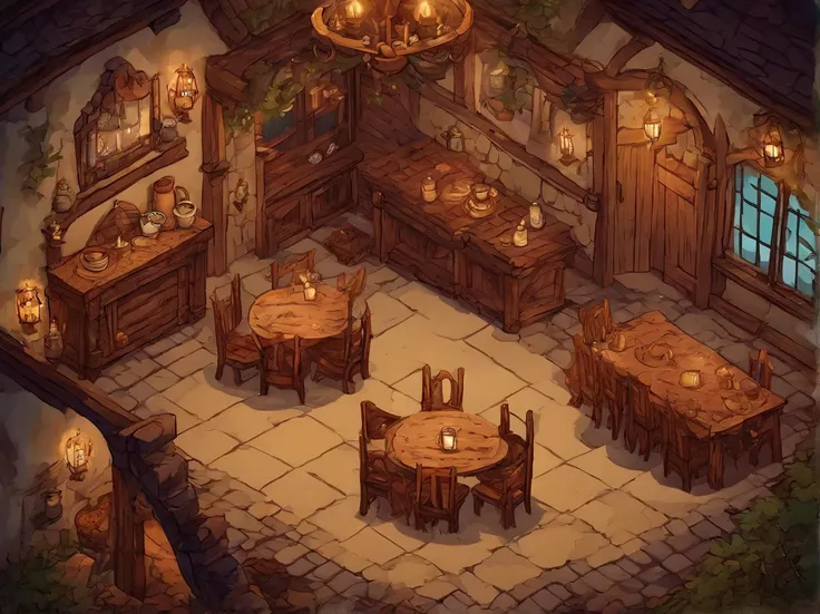 birdseye straight top-down shot from a drone, 2d, battle map of the well lit interior breakfast tavern, built sturdy, affluent but humble, dungeons and dragons, final fantasy, game art, (coherent architecture and interior, with realistic proportions and te...