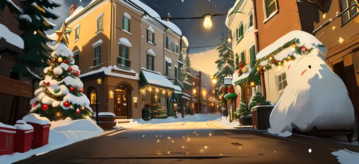 Christmas Eve night，Christmas atmosphere，There is a small street in the United States，Arte conceitual de inverno,The shops are all dressed up for Christmas，Lights are on in every household，Heavy snow covered streets and houses，There is a Christmas tree on ...