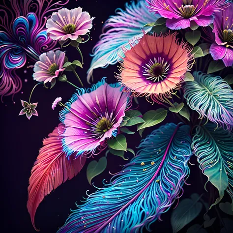 top-quality, Best Quality, Official art, Plants and bird feathers, Beautiful and aesthetic flowers:1.2, (Clematis with realistic flowers:1.3), Extremely detailed,(Fractal Art:1.1),(Colorful:1.1)(Flowers large frontal:1.3),highest details,(Zentangle:1.2), (...