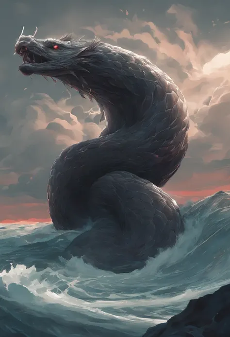 Thai Legend，Serpent,The tail of the snake grows.，Theres horns on its head.，roar，severe，Colossal，Red glowing eyes，The sea，Large wave，Surrounded by clouds，，The whole body is， Highly detailed surreal VFX，OC Display，modelshoot style, (CG 8k wallpaper with grea...