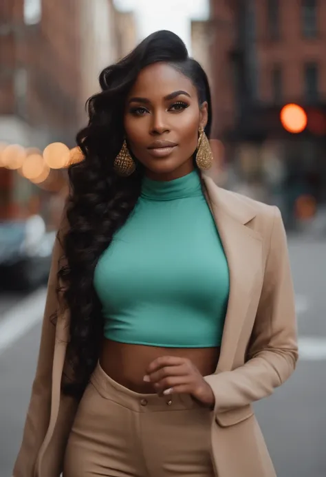 Ultra realistic, 4K, black hairs, (masterpiece, best quality), beautiful african woman who looks like buhle samuels, detailed sleeveless turtleneck top, pants, necklace, wavy hair, perfect face, beautiful face, alluring, big gorgeous eyes, happy, hourglass...