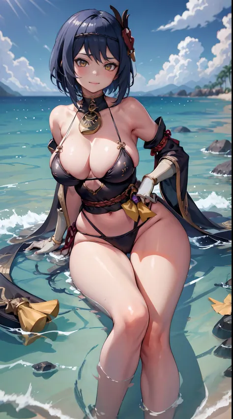 Kujou Sara|genshin, master-piece, bestquality, 1girls,25 years old, Colossal large breasts, proportional body, proportional, Water set, Brazilian bikini , ,bara, Lying on the beach with a seductive challenge, Beautiful sea, The sky is beautiful, View viewe...