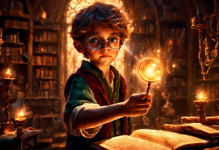 a boy with round glasses standing in a classroom, holding a wand, casting intricate and powerful spells. bright flashes of light...