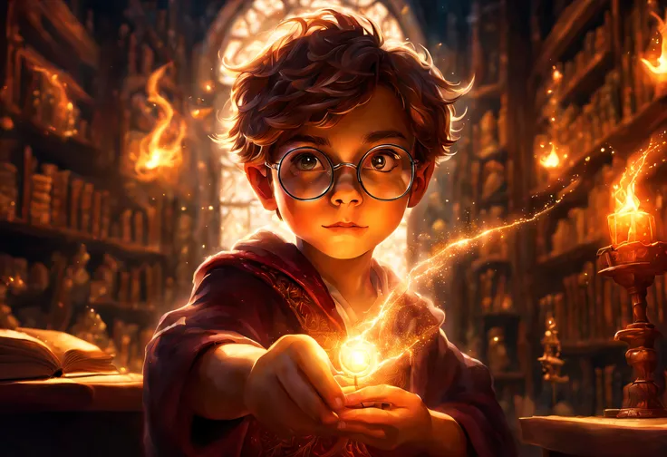 a boy with round glasses standing in a classroom, holding a wand, casting intricate and powerful spells. bright flashes of light...