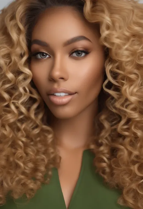 "Ultra-realistic image of a beautiful 21-year-old Afro-Latin girl,Caramel peel, corps parfait, forte poitrine, nez fin,Taille fine, cheveux blond, Curly and curly hair karibean , Piercing light green eyes.hyper-realistic，anatomie correcte，Facial features a...