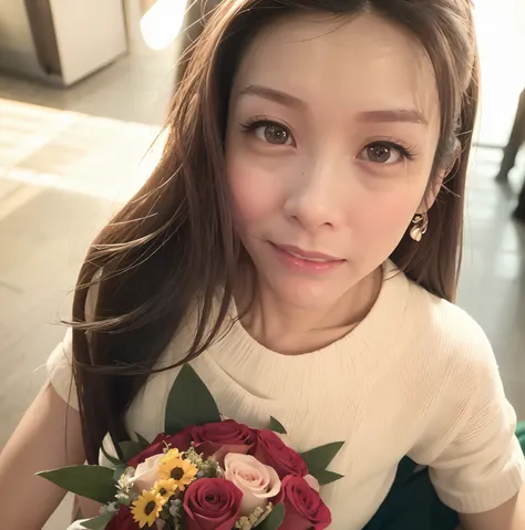 There was a woman sitting down with her hands on her chin., ruan cute vtuber, anime thai girl, dang my linh, young cute wan asian face, 1 8 yo, south east asian with round face, Put on a bouquet of red flowers., ChineseGirl, 8k selfie photograph, with cute...