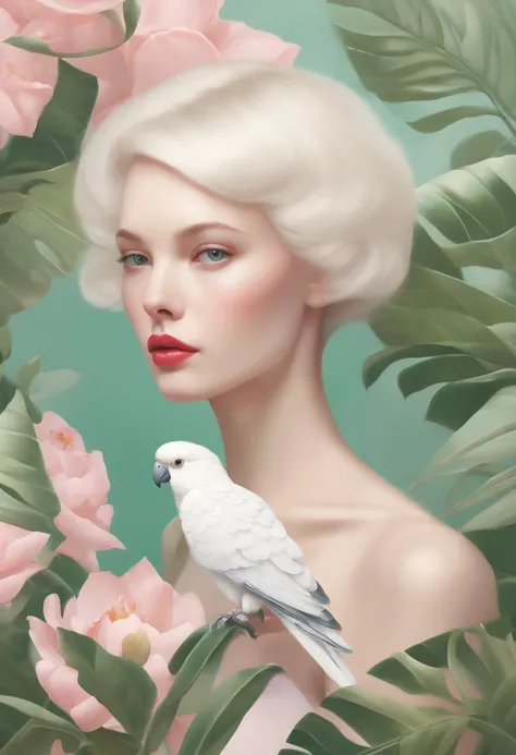 A fashion magazine, Hyperrealistic oil painting, (a pure white parrot), Short hair neutral woman, pink and emerald, Plants cover the background, style of artist hsiao-ron cheng, shiny hair, cowboy shot, Art Deco, Verism, bloom, award winning, retina