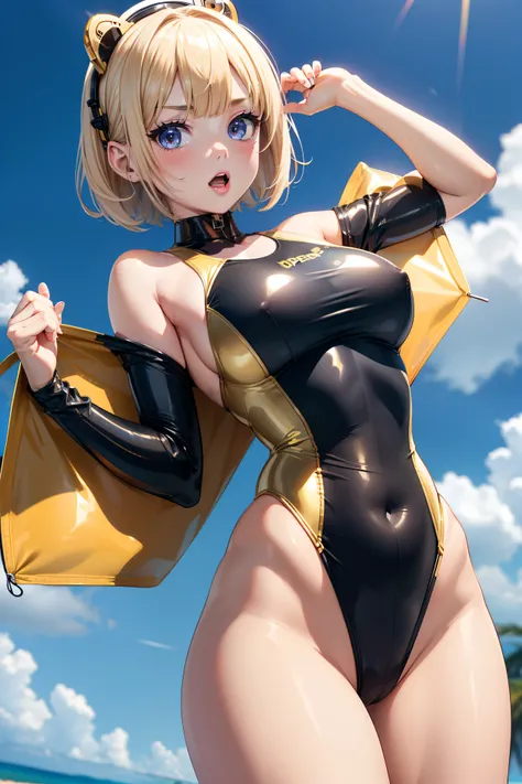 (Crotch)、Open your legs towards the viewer、pretty 1girl, top-quality、The ultra -The high-definition、hight resolution、extremely details CG、8K Unit Wallpapers、19 age、Beautiful detailed eyes,large boob、Platinum Blonde Hair,bob cuts、biomechanical oppai,Grid gi...