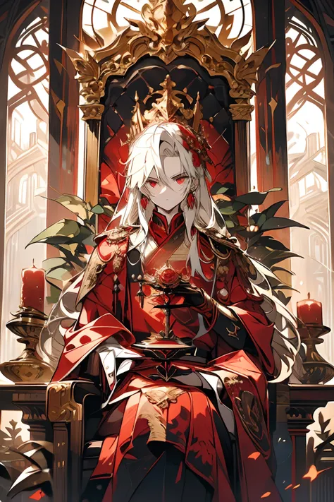 A King head of blonde hair, The red-eyed prince sits on a majestic throne inside an abandoned palace. The environment around him was dark and gloomy, There are cracks in the walls，Spider webs hang there. The throne is gorgeous, Gold and gemstone details, A...