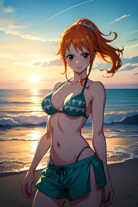 Nami of one piece, long orange ponytail hair, Beautiful brown eyes, Blushing cheeks, Wearing a bright bikini, Enjoy a sunny day at the beach. Art style is、Must resemble a captivating anime style.

About image quality, Prioritize (Best Quality, 4K, 8K, high...