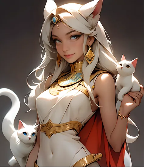 upper class, fine dress with shoulder straps and a shawl, high quality, super detail, detailed CG unity, ancient egypt outfit, holding a white cat