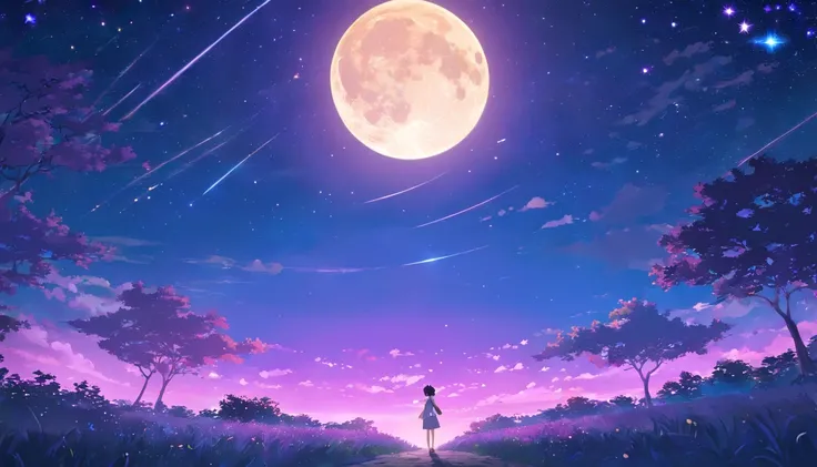 New Haicheng anime style, with a purple background of the moon and starry sky, and a bright and dreamy foreground of a large tree