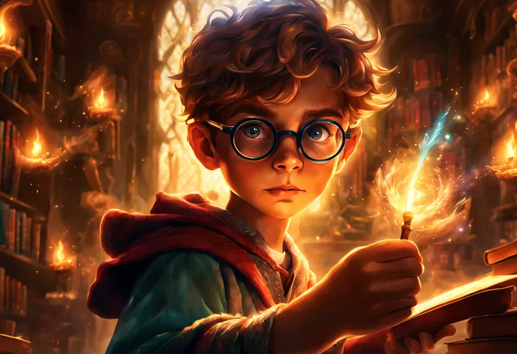 a boy with round glasses standing in a classroom, holding a wand, casting intricate and powerful spells. bright flashes of light...