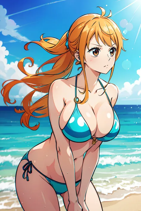 Nami of one piece, long orange ponytail hair, Beautiful brown eyes, Blushing cheeks, Wearing a bright bikini, Enjoy a sunny day at the beach. Art style is、Must resemble a captivating anime style.

About image quality, Priority (Best Quality, 4K, 8K, hight ...