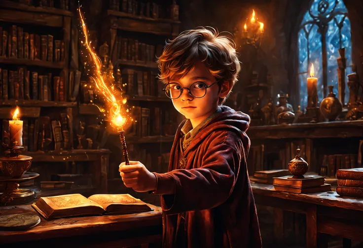 A boy with round glasses standing in a classroom, holding a wand, casting intricate and powerful spells. Bright flashes of light illuminate the surroundings. The boys eyes are filled with determination and focus as he waves his wand with precision. The air...