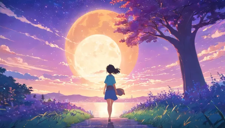 new Haicheng anime style,moonlight,purple background,stars,large tree, dreamy foreground, vibrant colors, detailed leaves, shiny bark, glowing moon, ethereal atmosphere, soft lighting, magical ambiance, mystical shadows, whimsical branches, enchanting scen...