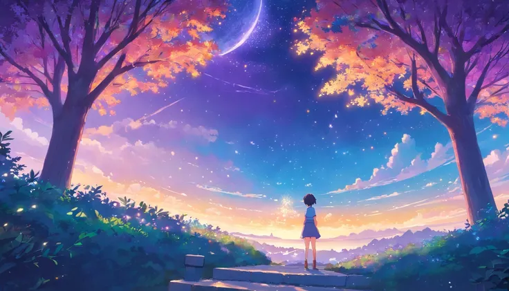 new Haicheng anime style,moonlight,purple background,stars,large tree, dreamy foreground, vibrant colors, detailed leaves, shiny bark, glowing moon, ethereal atmosphere, soft lighting, magical ambiance, mystical shadows, whimsical branches, enchanting scen...