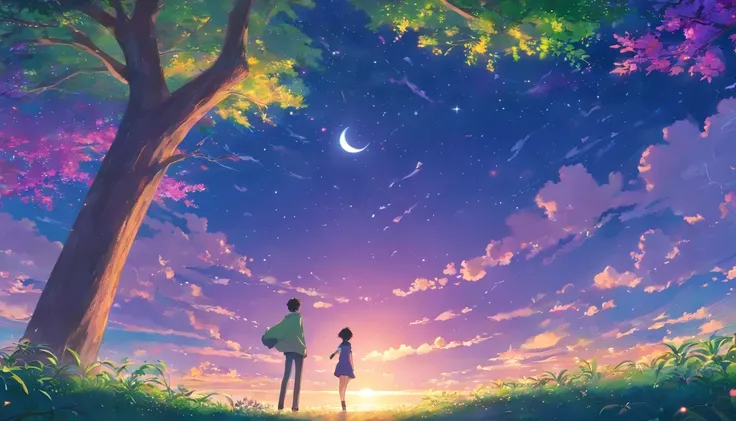 new Haicheng anime style,moonlight,purple background,stars,large tree, dreamy foreground, vibrant colors, detailed leaves, shiny bark, glowing moon, ethereal atmosphere, soft lighting, magical ambiance, mystical shadows, whimsical branches, enchanting scen...