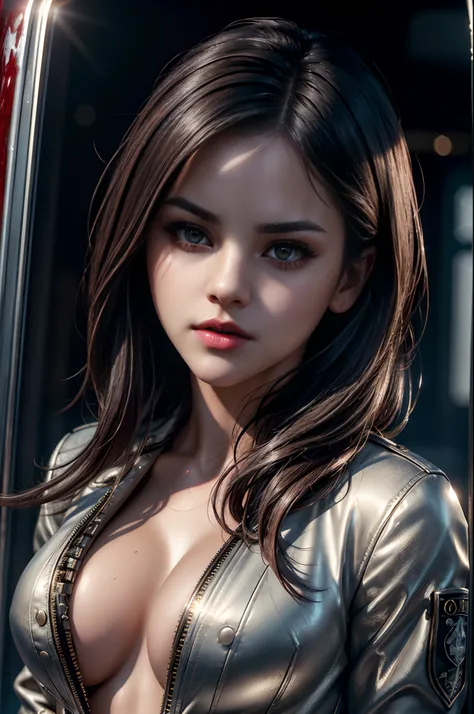 (((Selena Gomez:Emma Watson:0.8)))((masterpiece)), (((best quality))), ((ultra detail)), 8k, (((high res))), ((illustration)), ((semi-realistic)), (reflections ), sharp focus, front lighting, intense shadows, ((beautiful detailed eyes)), eyelashes, (extrem...