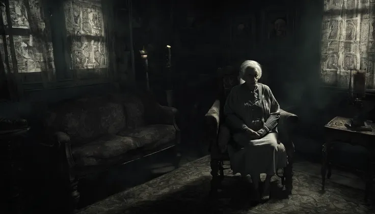 (("Grandmothers Haunting: The Sinister Stare in the Dark Room")) in a spine-chilling and unsettling composition. Create a terrifying scene featuring a grandmother sitting upright on a single sofa, her gaze filled with malevolence, in the eerie darkness of ...