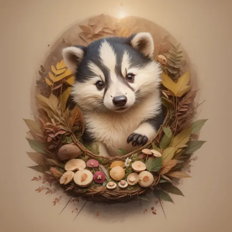 Theres a badger sleeping on a pile of leaves and mushrooms, Whimsical Badger,Ethereal Hedgehog, por Jeka Kemp, Beautiful autumn spirit, autumn, por Andrée Ruellan, Zorros, Cute badger, por Caroline Chariot-Dayez, Animal Badger, Teniente Zofia Stryjenska, E...