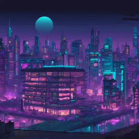 cyberpunk, night  city , cyan and purple light, high resolution, 8k resolution, masterpiece , neon light from building, modern city, high detail, high pixel, neon light at night, good lighting, city view, future, futuristic,