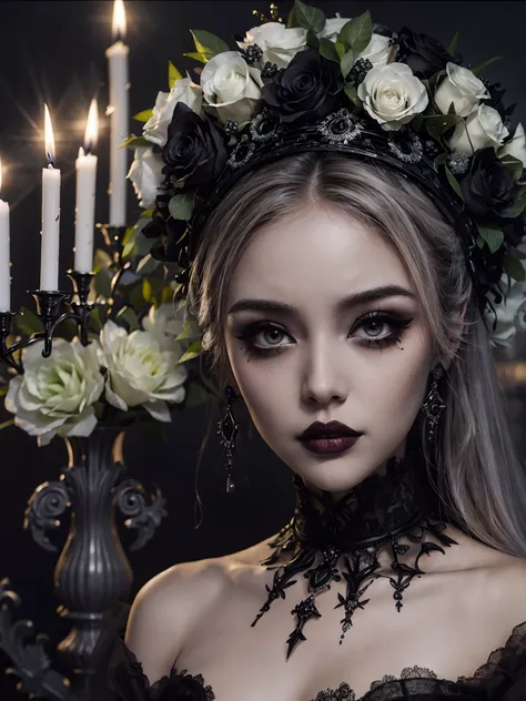 HighestQuali，tmasterpiece：1.2，Detailed details，1 Gothic girl，black eyeshadows，Black wedding dress，，Gorgeous headdress，Bust，fresh flowers，Sexy，chies，a lit candle