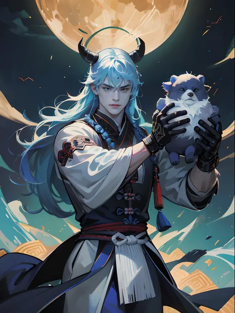 There is a painting，The painting depicts a man dressed in blue and holding a sword, moon bull samurai, anthropomorphic samurai bear, asura from chinese myth, black bull samurai, moon bear samurai, inspired by Kanō Hōgai, Inspired by Ryūkōsai Jokei, anthrop...