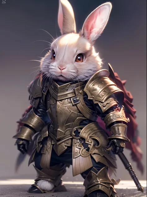 (best quality,4k,8k,highres,masterpiece:1.2),ultra-detailed, (realistic,photorealistic,photo-realistic:1.37), manga style, full body of cute rabbit in armor, detailed eyes and face, vibrant colors, vivid lighting, armored rabbit, manga artwork, digital ill...