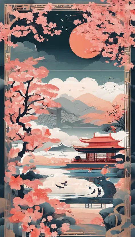 Ancient wind，Beautiful pavilion，Peach blossoms bloom，Clouds，natta，themoon，Towards art，k hd，Hyper-Resolution，accuracy，detail render，（highest  quality）（Master masterpieces）（High degree of completion）（a sense of atmosphere）tmasterpiece，ultra - detailed