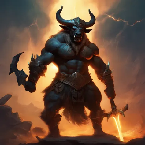 Struck by lightning(Black Minotaur:1.5)，（Minotaur monster with tomahawk：1.8），sense of strength，Standing cow with an axe，Painful expression，(The Minotaur raised its head，Roared to the sky:2)，Funk，shudder，Gothic，baroque，（The arc was released from the female ...